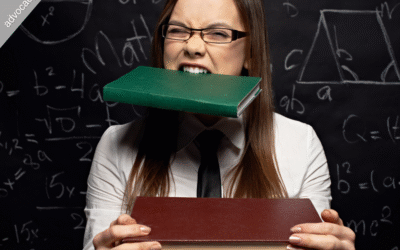 Portrait of woman grimacing while holding book in her mouth and stack of books in her hands