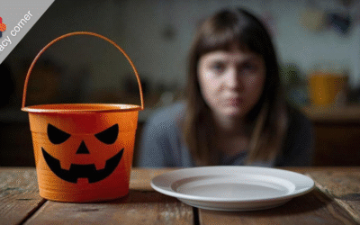 An empty Halloween bucket and plate sit on a table as a woman looks on, symbolizing hunger and food insecurity.