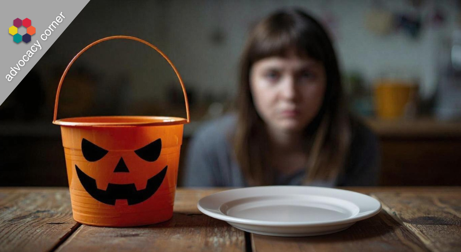 An empty Halloween bucket and plate sit on a table as a woman looks on, symbolizing hunger and food insecurity.
