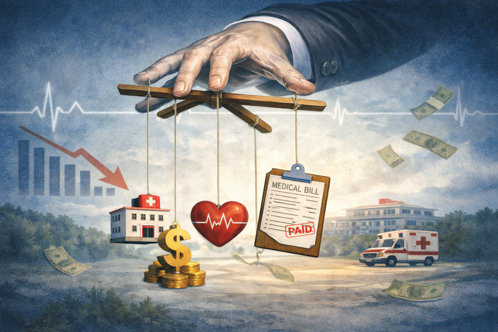An editorial illustration of a hand in a suit sleeve controlling a marionette rig, with a hospital, dollar sign and coins, a heart with an EKG line, and a medical bill stamped 'Paid' hanging from the strings. A declining bar chart, scattered dollar bills, and an ambulance fill the background.