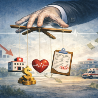 An editorial illustration of a hand in a suit sleeve controlling a marionette rig, with a hospital, dollar sign and coins, a heart with an EKG line, and a medical bill stamped 'Paid' hanging from the strings. A declining bar chart, scattered dollar bills, and an ambulance fill the background.