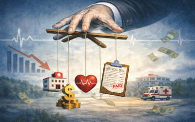 An editorial illustration of a hand in a suit sleeve controlling a marionette rig, with a hospital, dollar sign and coins, a heart with an EKG line, and a medical bill stamped 'Paid' hanging from the strings. A declining bar chart, scattered dollar bills, and an ambulance fill the background.
