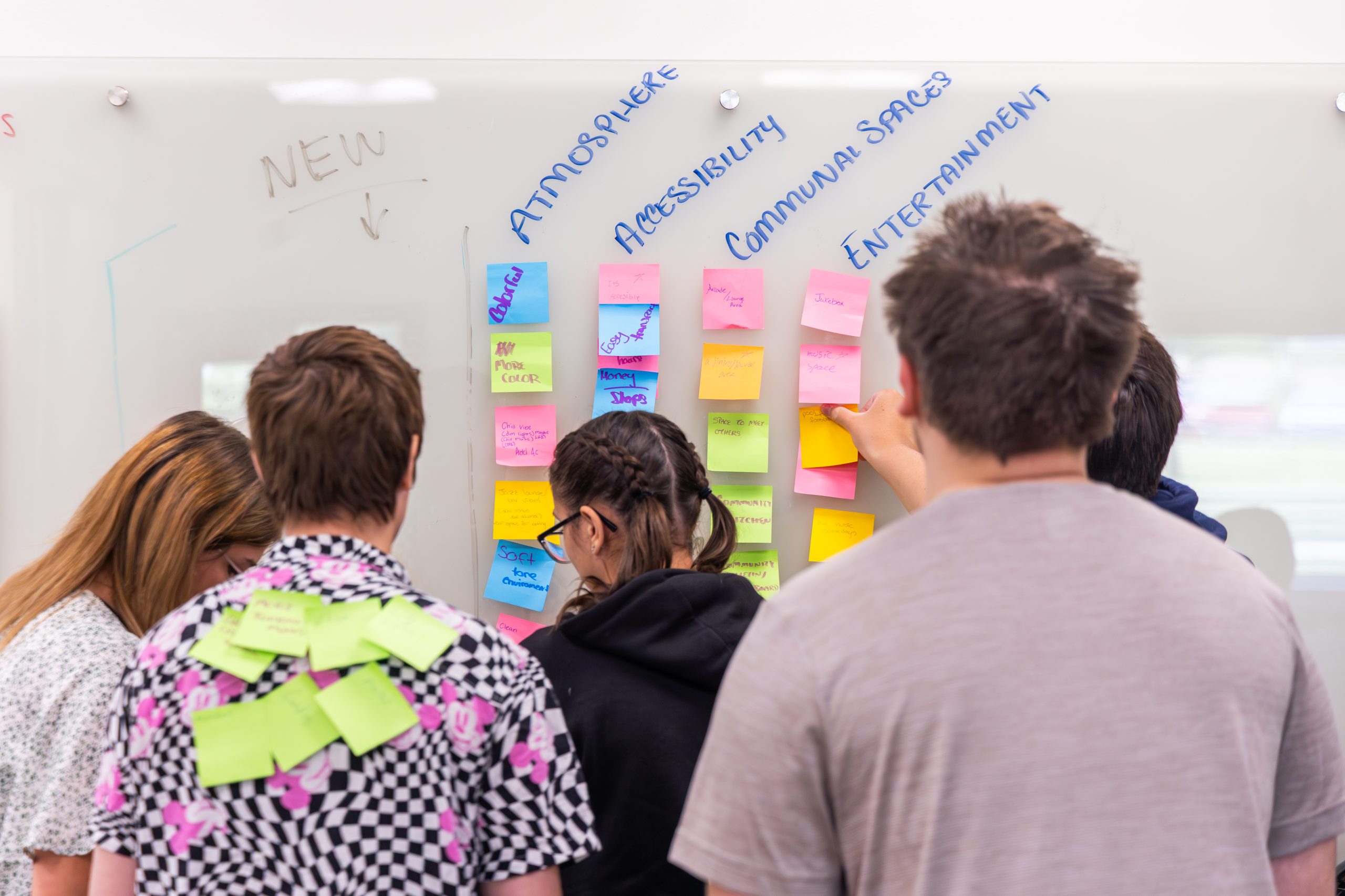 Youth sorting ideas on a whiteboard with sticky notes
