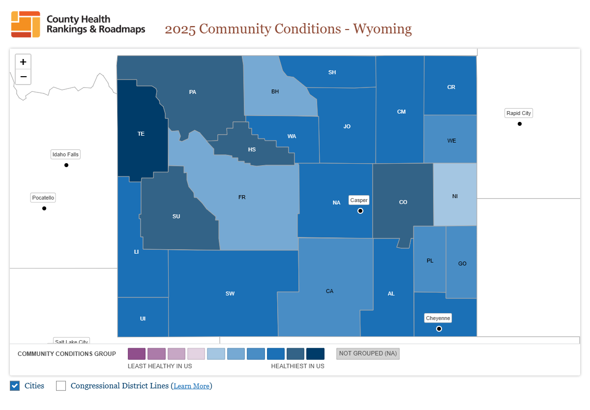 Map of Wyoming's 23 counties showing 2025 health factor rankings