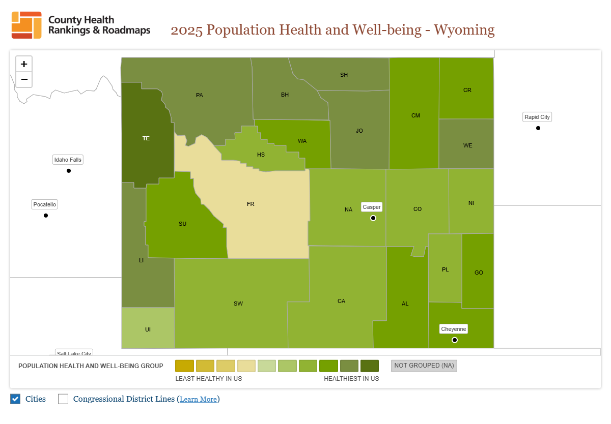 Map of Wyoming's 23 counties showing 2025 health outcome rankings